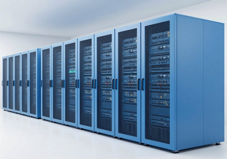 A minimalist and clean modern data center with pearl white floors and sophisticated soft sky blue server cabinets.