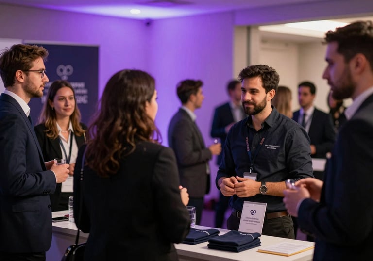 A vibrant corporate event with people networking, featuring branded merchandise and soft purple ambient lighting.