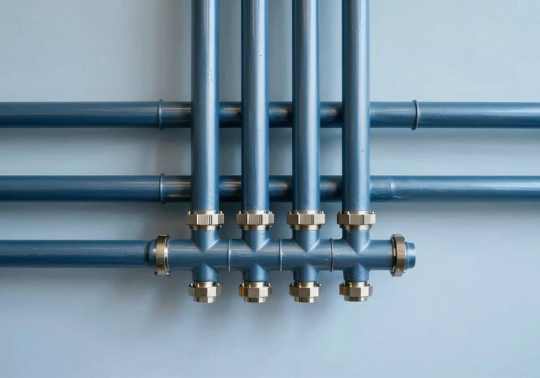 Minimalist view of high-end plumbing and thermal systems in a modern European / French office complex. Steel blue pipes against a light ice blue background.
