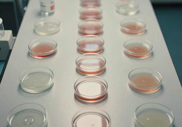 An overhead view of a clean room workstation in North American research facility. A series of petri dishes and sterile glass instruments are arranged symmetrically on an off-white surface under soft clinical lighting.