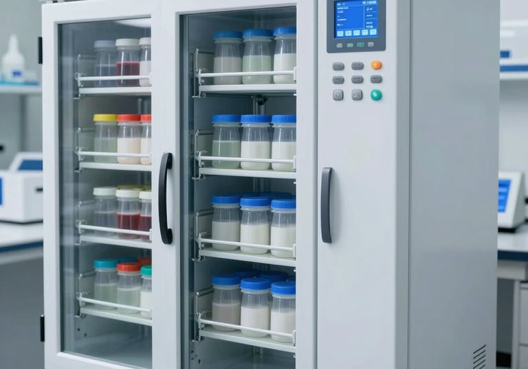 A professional image of a laboratory cold storage unit for biological samples, showing organized drawers and a digital interface. The lighting is clean and bright white, symbolizing reliability and safety.