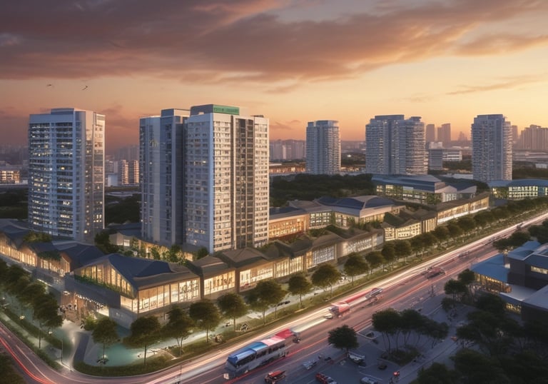 A sleek exterior shot of Pinery Residences showcasing its six elegant blocks under a clear sky.