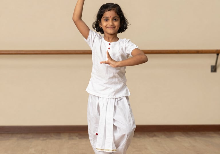 A cheerful child in colorful traditional dance attire practicing basic dance poses.