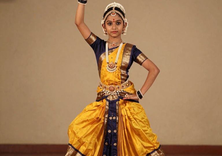 Close-up of colorful dance costume details and expressive hand gestures.