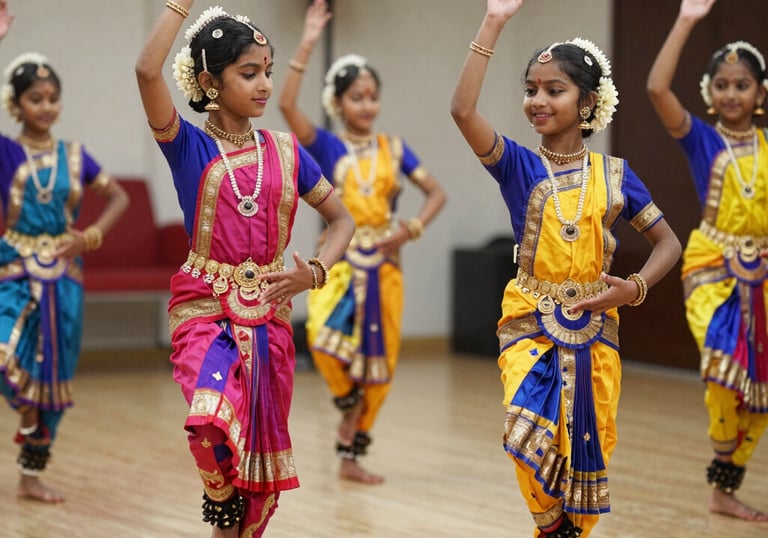 A group of kids joyfully performing a classical dance routine on a bright stage.