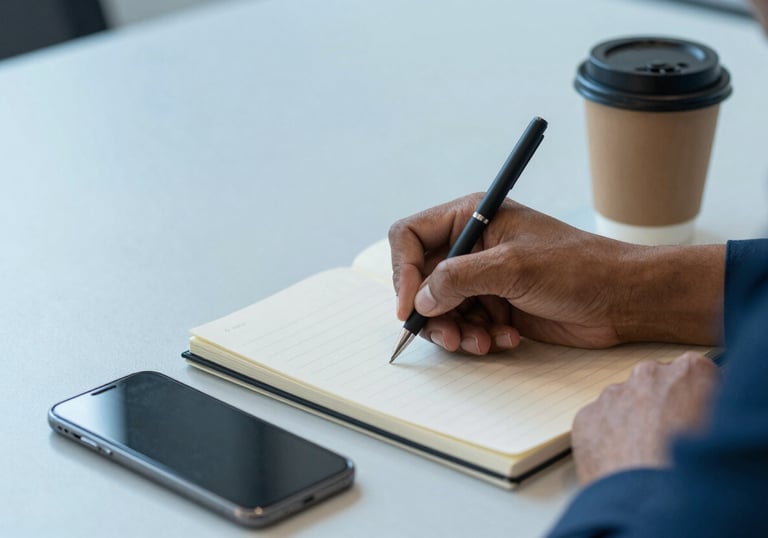 A close-up of a person's hands taking notes in a clean, professional notebook next to a smartphone and coffee in a South American / Brazilian office. Soft sky blue color palette.