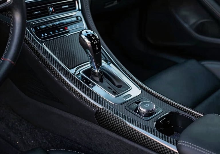 Interior of a luxury sports car featuring carbon fiber trim, black leather with silver stitching, and soft atmospheric blue lighting, International / Global.