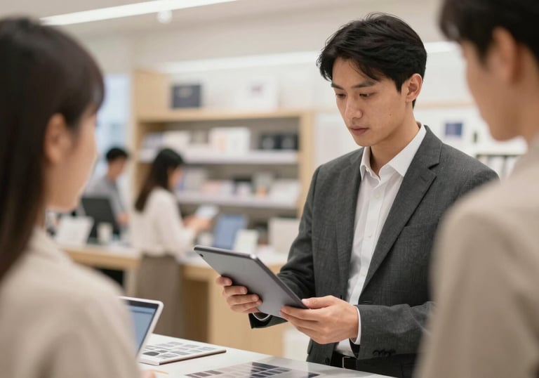 Professional store consultant using a tablet to show a catalog to a customer in a clean retail environment, modern vibe.