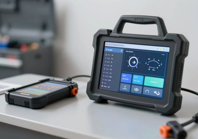 A professional toolkit with modern digital diagnostic tools for AC repair, clean and efficient setup, illustrating expertise and technology.