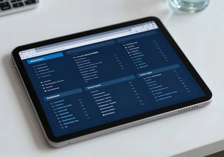 A clean, clinical desktop with a tablet displaying a secure medical data network, medium blue and dark navy interface colors, professional and innovative aesthetic, European setting.
