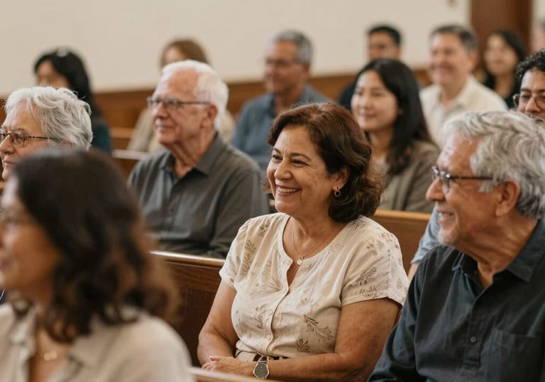Smiling diverse congregation sitting in wooden pews during a church service or community event.