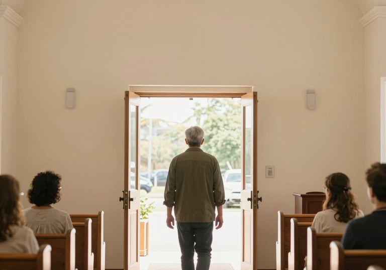 A man walks through open church doors toward the bright light of a sunny day during a worship service.