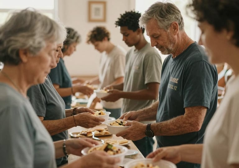Volunteers of diverse ages serving nutritious meals in bowls at a community food bank or soup kitchen.
