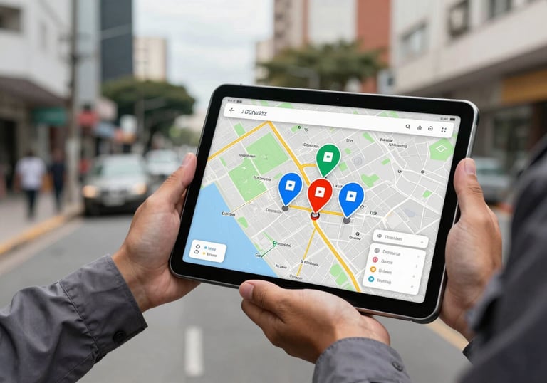 A handheld tablet showing a map with delivery pins, held by a person in a work uniform, South American urban street in the background, professional.