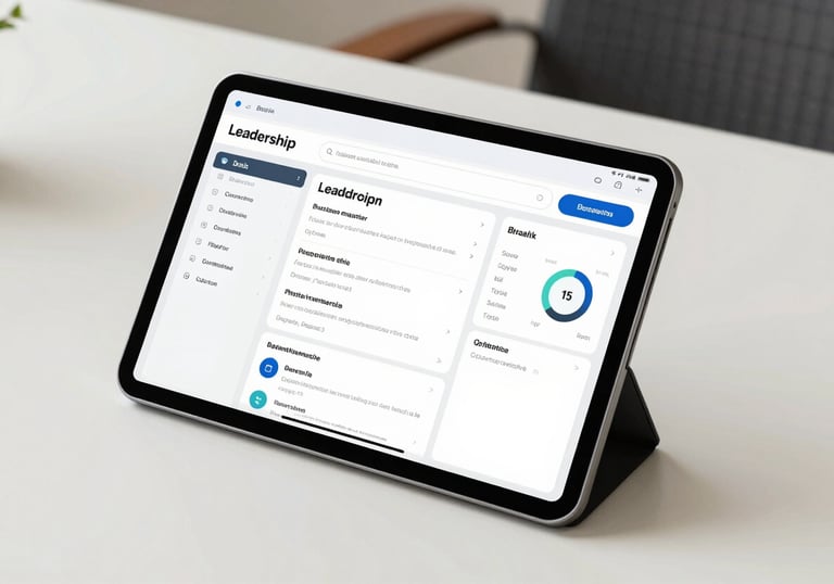 A modern tablet displaying a data-driven leadership dashboard with clean interface, off-white background, professional desk setup in Brazil.