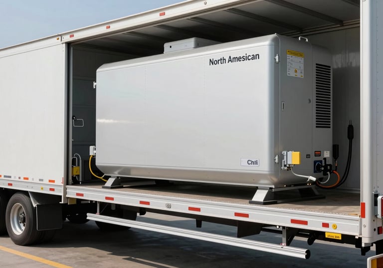 A high-detail shot of a modern reefer unit attached to a trailer, emphasizing clean technology and refrigeration expertise in a North American freight terminal.
