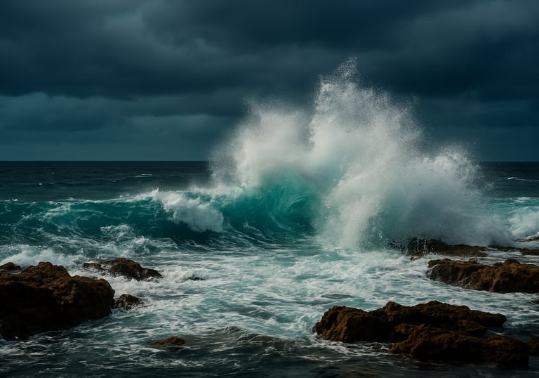 Powerful ocean waves crashing against the coral reef under a dramatic sky with dark teal and light blue tones, South Pacific / New Caledonian coastline, high-speed photography.
