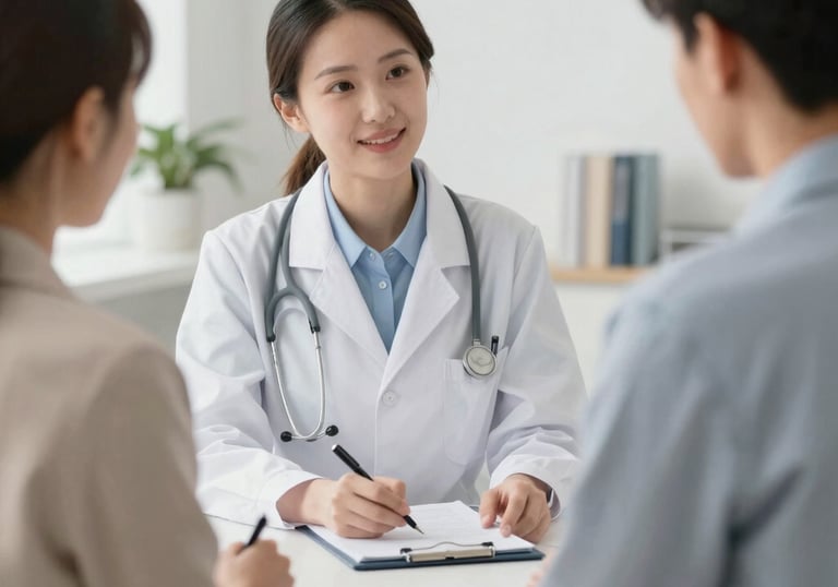 A friendly counselor speaking with a student over video call, surrounded by soft green and blue tones.