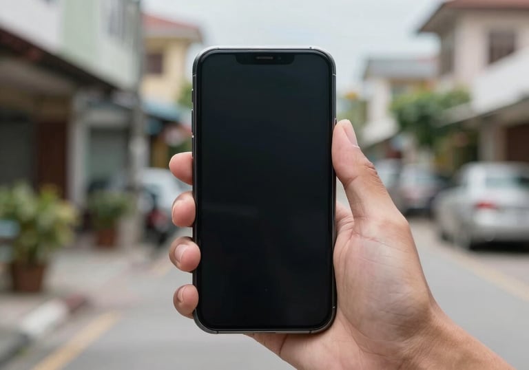 A Southeast Asian / Malaysian person showing a thumbs up while holding a smartphone, blurred local residential street in the background, bright daylight.