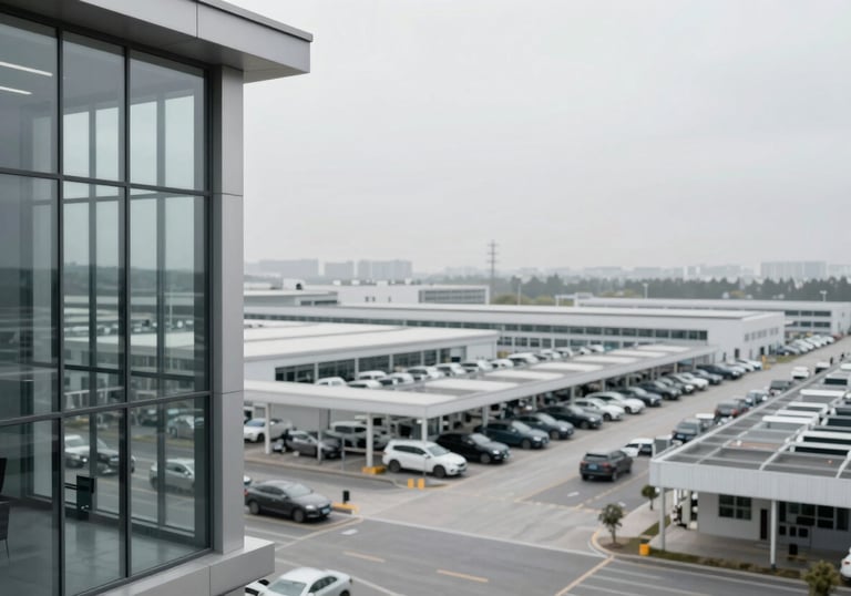 A modern, minimalist corporate office overlooking a vast, organized automotive assembly plant. Sleek glass walls and steel pillars, reflecting a clean, forward-thinking business environment using #F9F9F9 tones.