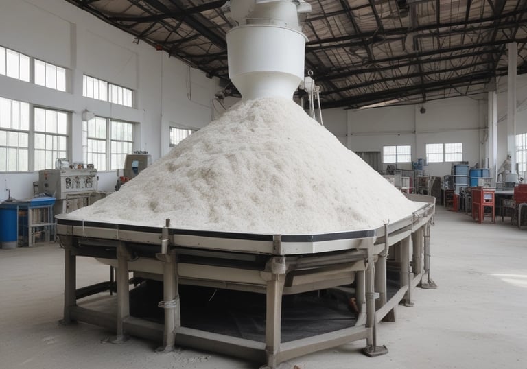 Close-up of modern milling machinery processing rice grains into flour.