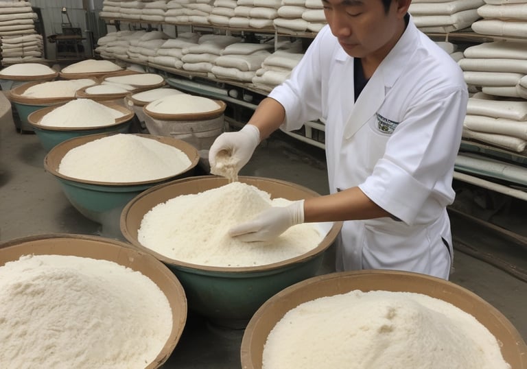 Stacks of packaged rice flour ready for shipment in a large warehouse.
