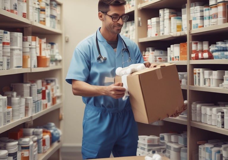 A driver handing over a sealed pharmacy package to a smiling healthcare professional at a clinic entrance.