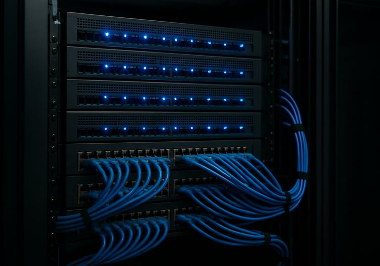 A neatly organized network rack with glowing blue indicator lights in a secure, climate-controlled North American data center.