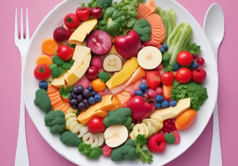 An open book with healthy food and a cup of tea on a wooden table.