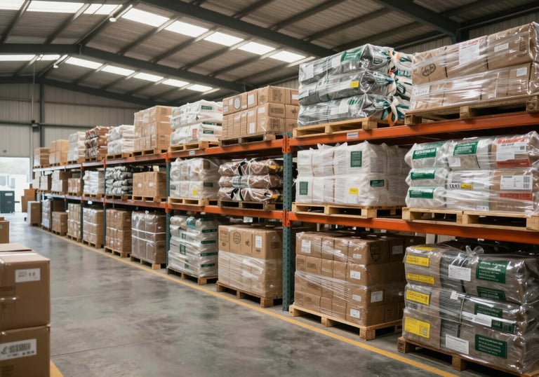 A clean, organized logistics warehouse in Nigeria showing high-quality commodities ready for distribution, with bright, professional lighting.