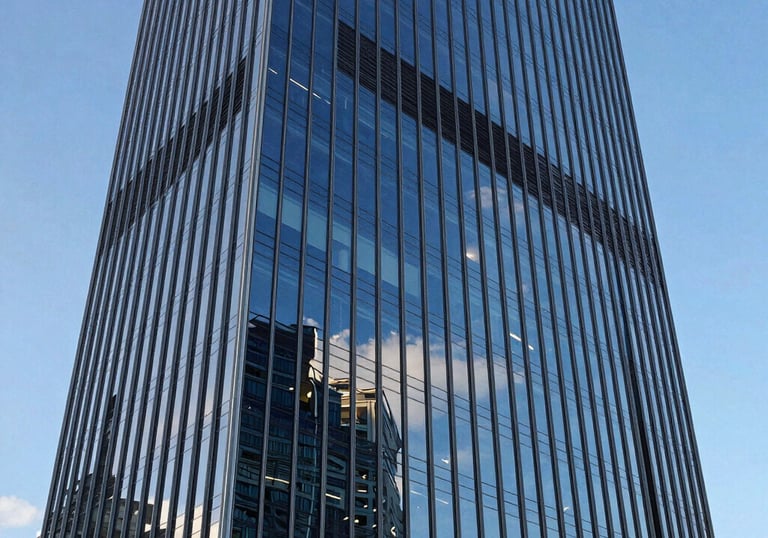 An abstract, professional view of a glass skyscraper in La Défense district reflecting a bright blue sky, symbolizing growth and high-level finance.