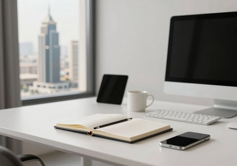 A sleek, minimalist home office in a Middle Eastern / Gulf city with a view of modern landmarks. The desk features a notebook and digital devices in soft cloud white tones.