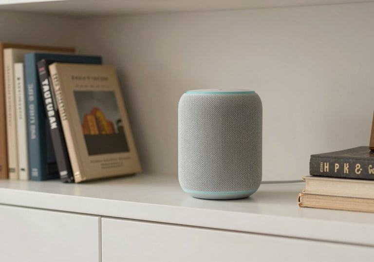 A cozy North American / US living room scene showing a smart speaker subtly integrated on a clean white shelf among books, warm lighting, approachable and trustworthy atmosphere.
