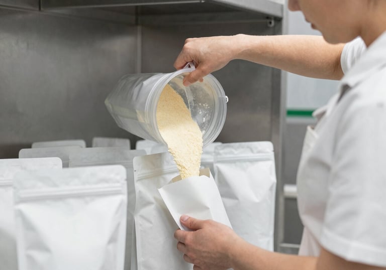 woman filling up pouches with pancake dry mix powder