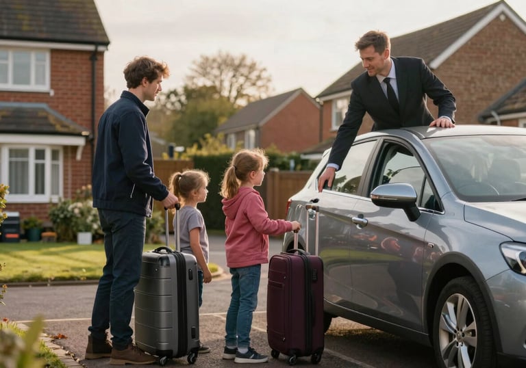 A family with luggage being greeted by a friendly driver in a residential British / UK driveway, soft morning light, professional service.