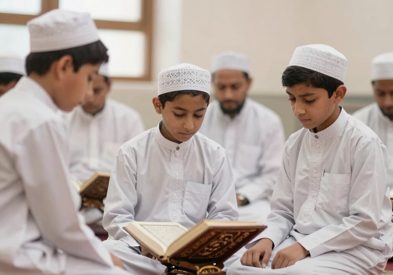 A teacher guiding a small group through daily duas in a warm, welcoming setting.