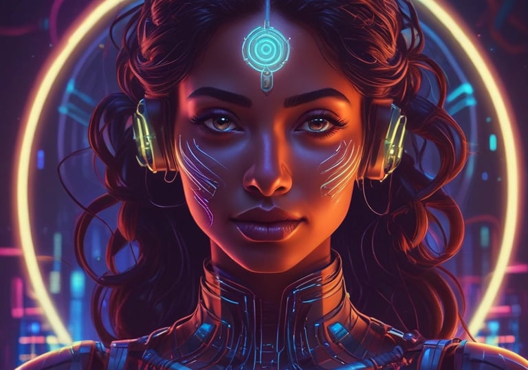 A neon-lit retro-futuristic phone handset glowing against a dark cyberpunk cityscape.