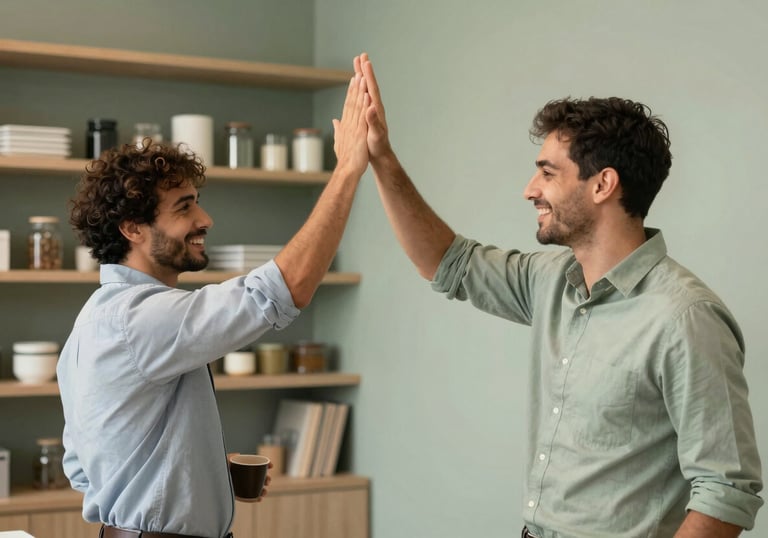 A celebratory, professional candid of two tech colleagues high-fiving in a modern office pantry area. The light is warm and inviting, using pale mist and sage green tones to create a sense of achievement and community.