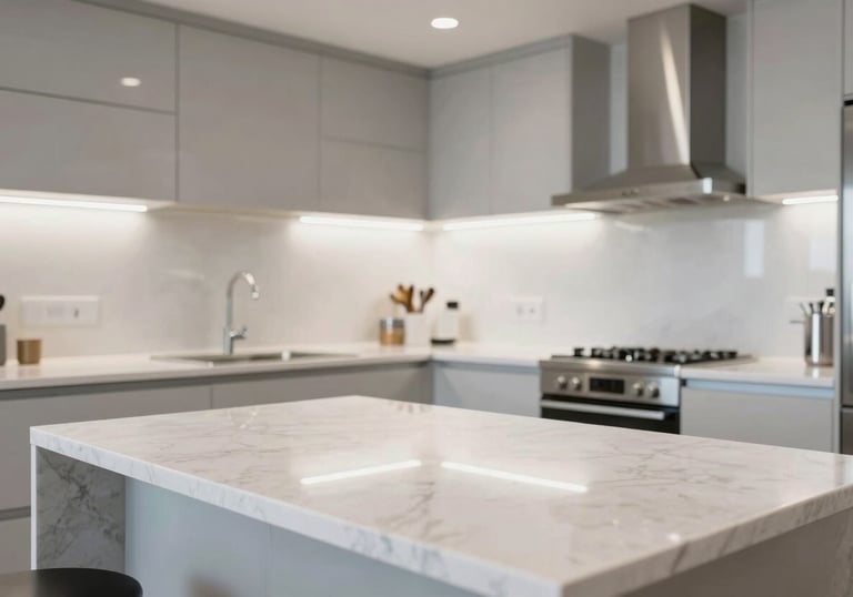 A spotless, bright kitchen in a modern British home, gleaming quartz countertops, stainless steel appliances reflecting light, sophisticated and meticulously clean.