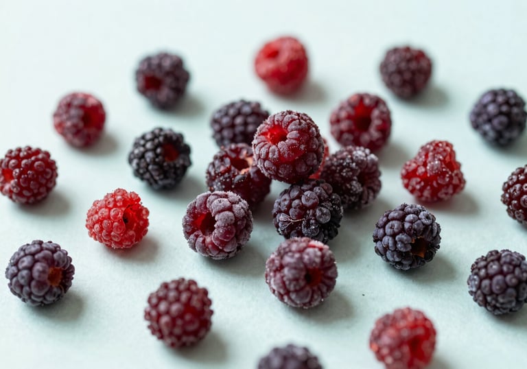 An artistic arrangement of whole freeze-dried berries on a soft mint white background, displaying deep red and purple tones.