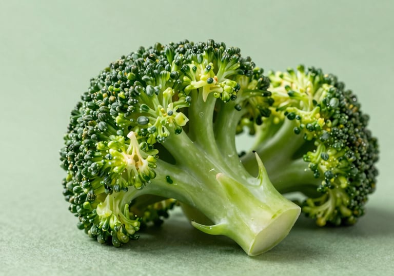 A professional studio shot of vibrant green freeze-dried broccoli florets, showcasing detailed texture and natural color, against a sage green background.