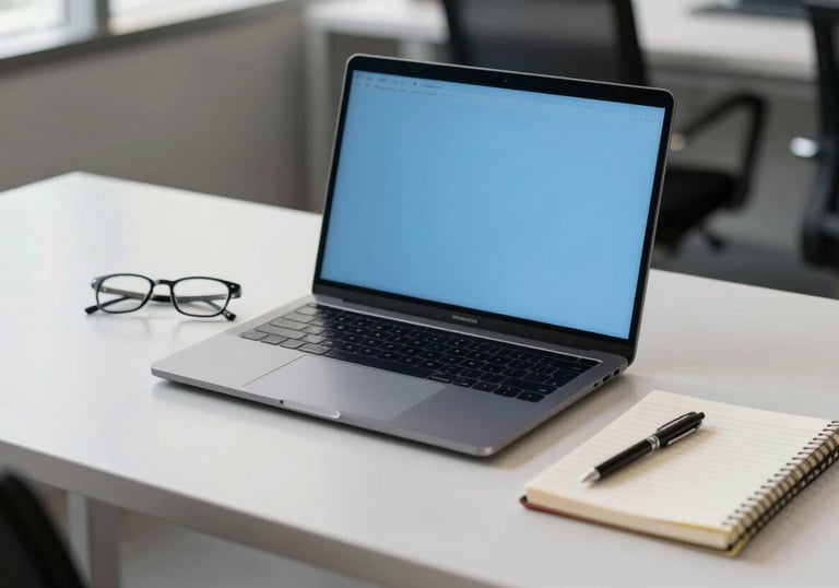 A sleek, clean workstation with a laptop and a notebook, showing a South American / Brazilian office setting, soft professional lighting, charcoal and sky blue color accents.