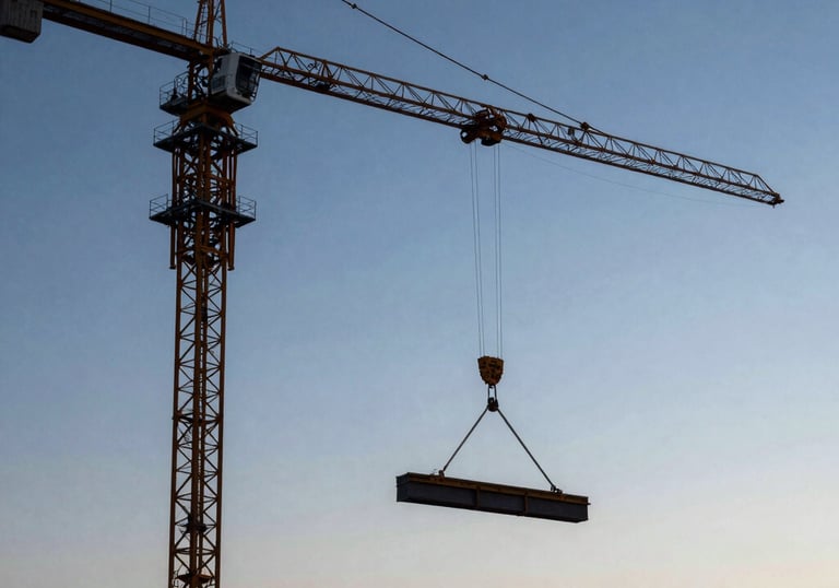 A dramatic sunset photograph of a large crawler crane lifting a structural beam at a professional North American construction site. The silhouette of the machinery is sharp against a sky of deep navy and light blue.