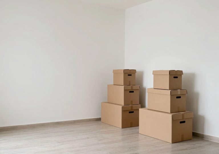 A photography shot of a wide, empty, and clean Indian luxury apartment living room with white walls, with neatly stacked boxes in one corner, signifying a successful and organized move.