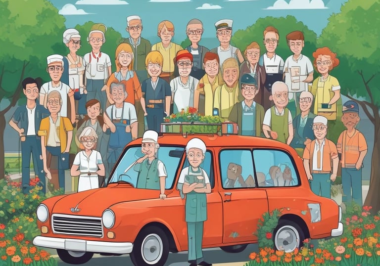 A friendly senior woman smiling while chatting with a helpful volunteer in a cozy living room.