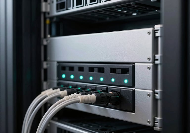 A close-up of a modern server room, with neat cables and soft silver panels. Subtle modern teal LED indicator lights blink in the charcoal black shadows.