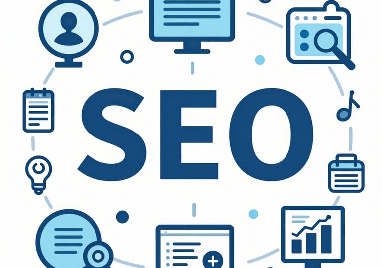 A blue SEO marketing illustration featuring digital strategy icons for data analytics, web design, and search optimization.