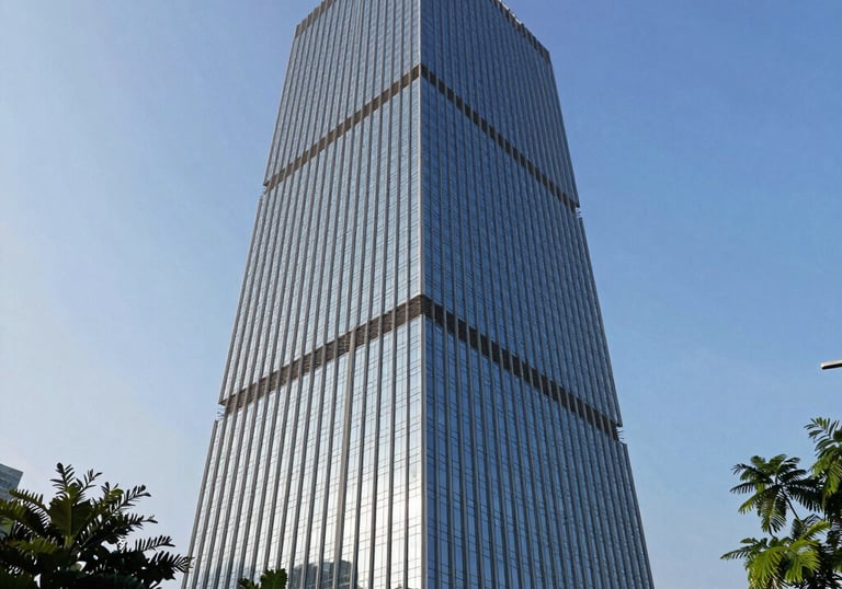 Architectural photography of a gleaming modern office tower in Jakarta, Indonesia, with large glass windows reflecting a clear blue sky, surrounded by greenery.