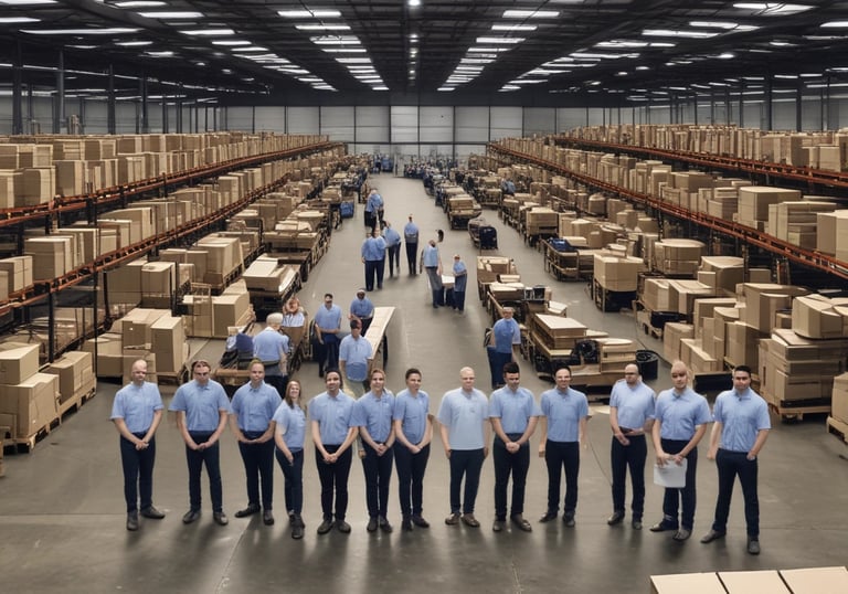 Wide angle view of a large modern warehouse with high pallet racking and organized cardboard boxes.