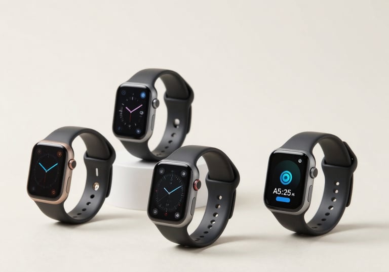 A modern studio shot of sleek electronic devices, including smart wearables, arranged cleanly on an off-white background with professional soft lighting.